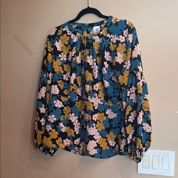 CAbi Tops - CAbi Floral Tie-Neck Blouse in Teal, Mustard & Pink Sz M